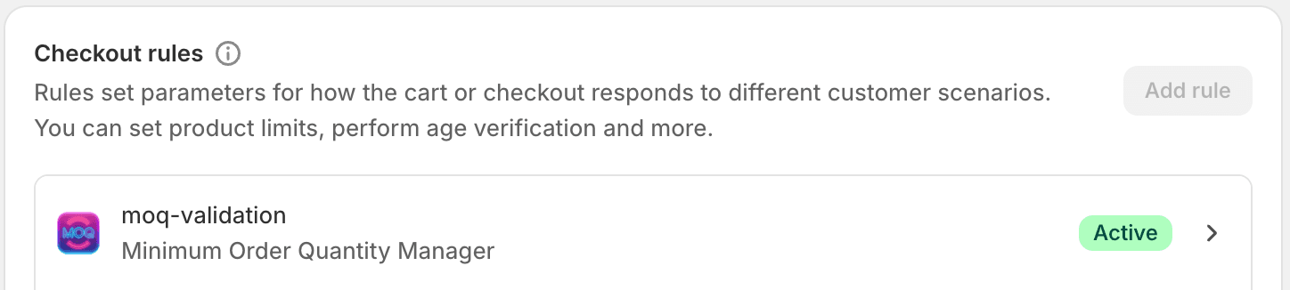 Shopify Checkout rules page showing the moq-validation rule with Inactive status